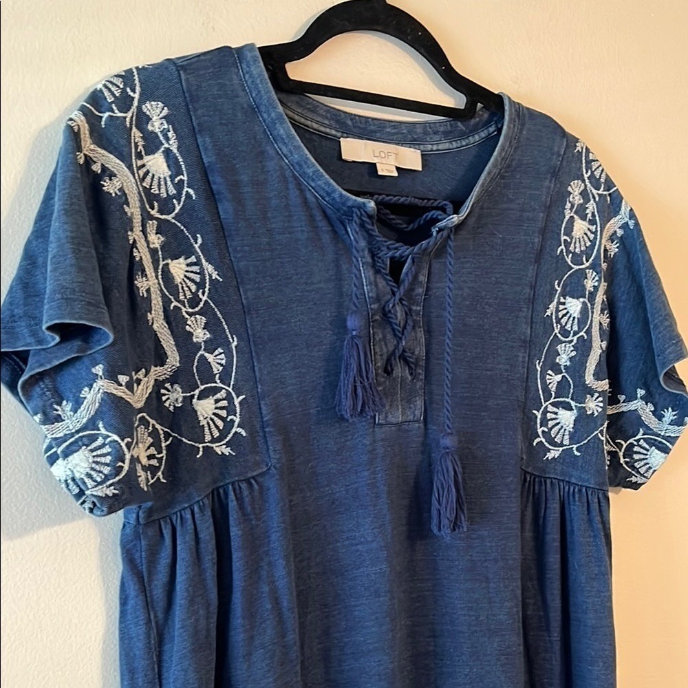 Boho Embroidered Denim Tassel Mini Dress Blue Embellished Tunic by LOFT Small - Picture 2 of 10